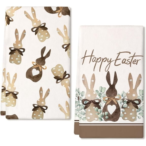 Easter Kitchen Towels Set of 2,Beige Polka Dot Bunny Leaves Dish Towels 18x26 Inch Drying Dishcloth,Farmhouse Holiday Seasonal Spring Decorations