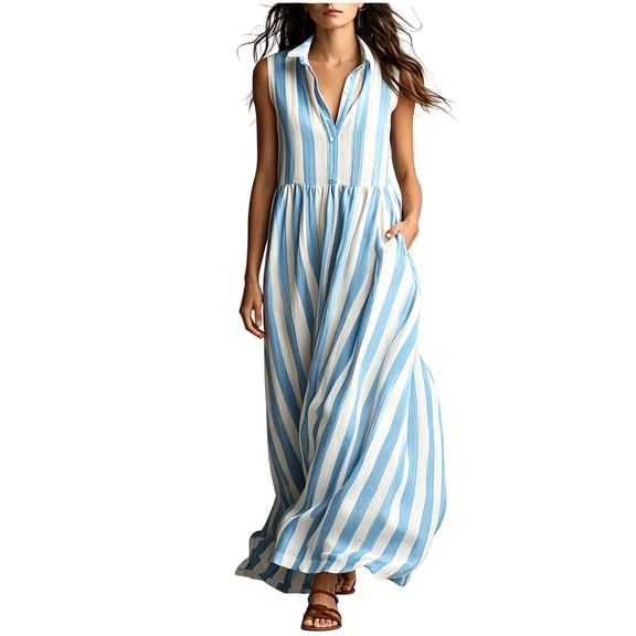 Lenpel Striped Maxi Dresses for Women Summer Collared Sleeveless Casual Long Dress Fashion Button Flowy Beach Vacation Sundresses