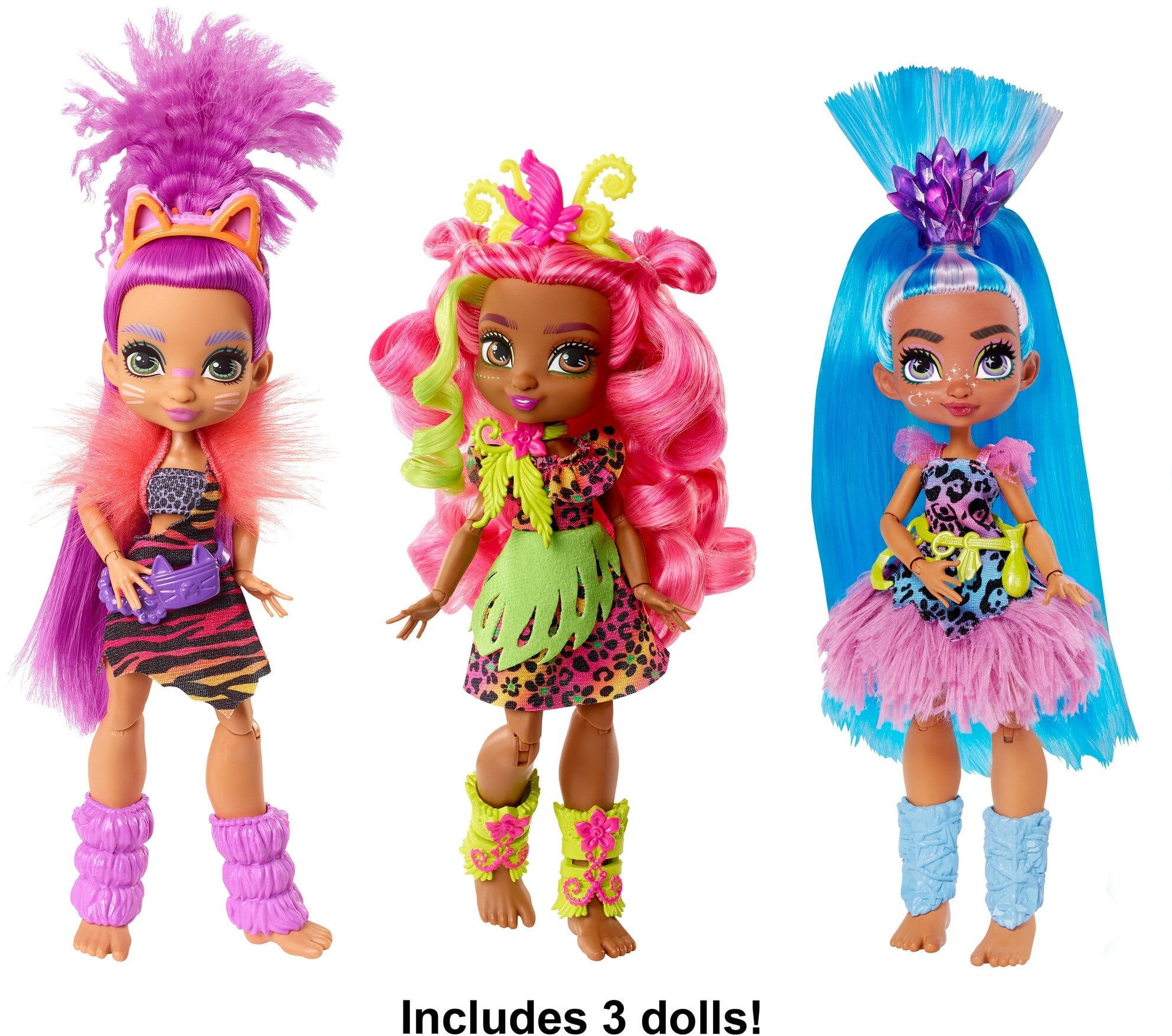 Cave Club Doll 3-Pack (10-inch) Poseable Prehistoric Fashion Dolls with  Neon Hair