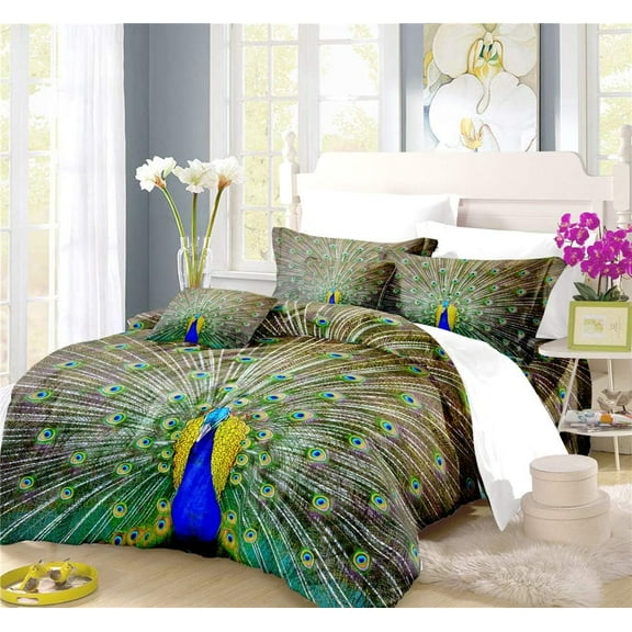REALIN Peafowls Duvet Cover Set Chinese Style Bedding Noble Green Peacock Bed Sets 2/3/4PCS Quilt Covers/Sheets/Pillow Shams,Twin/Full/Queen/King