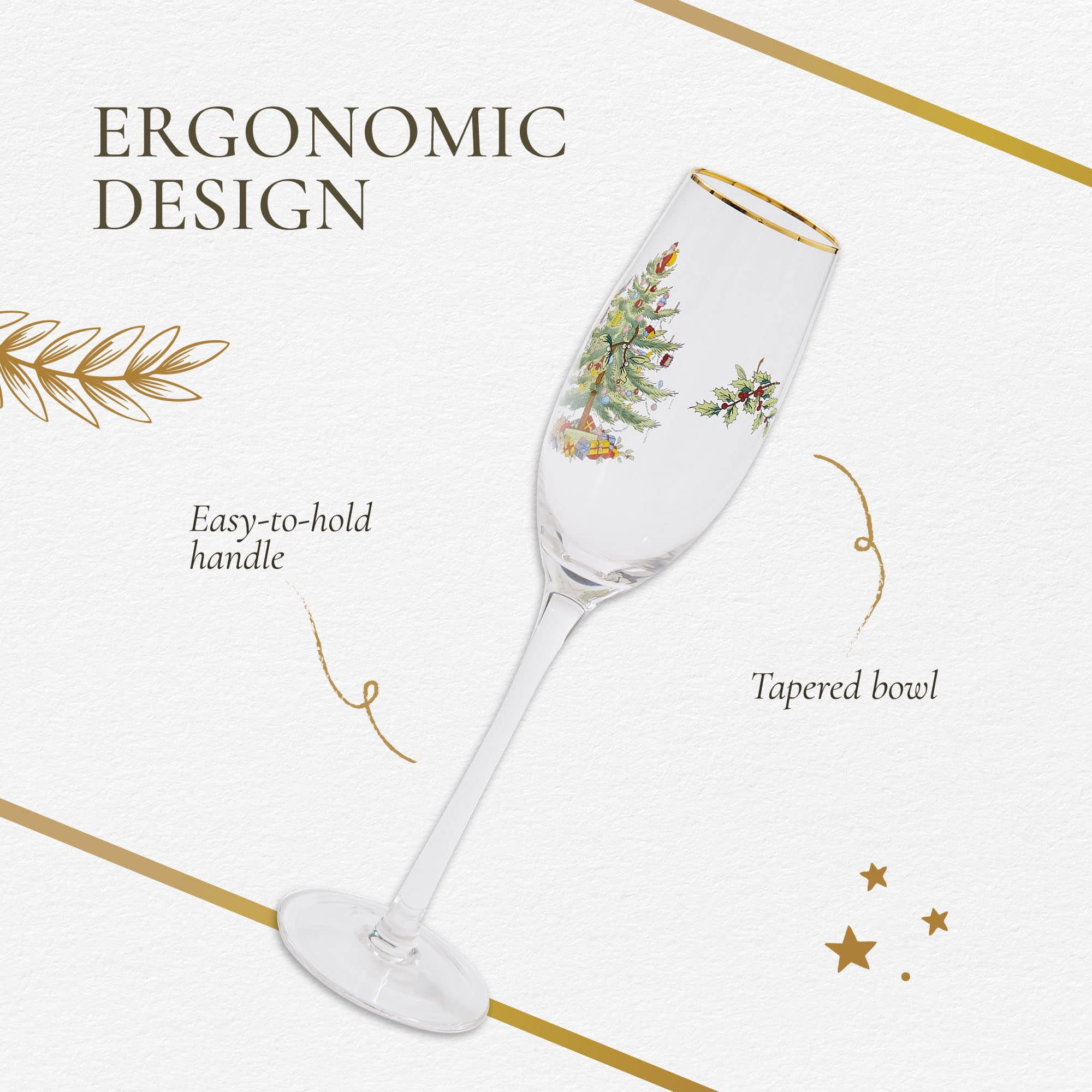 Spode Christmas Tree Gold 8.5oz Champagne Flutes (Set of 4) - Gold Rimmed Glasses, Festive Holiday Drinkware for Christmas Dinner, Wedding Gifts - Classic Holiday Glassware for Wine & Minosas