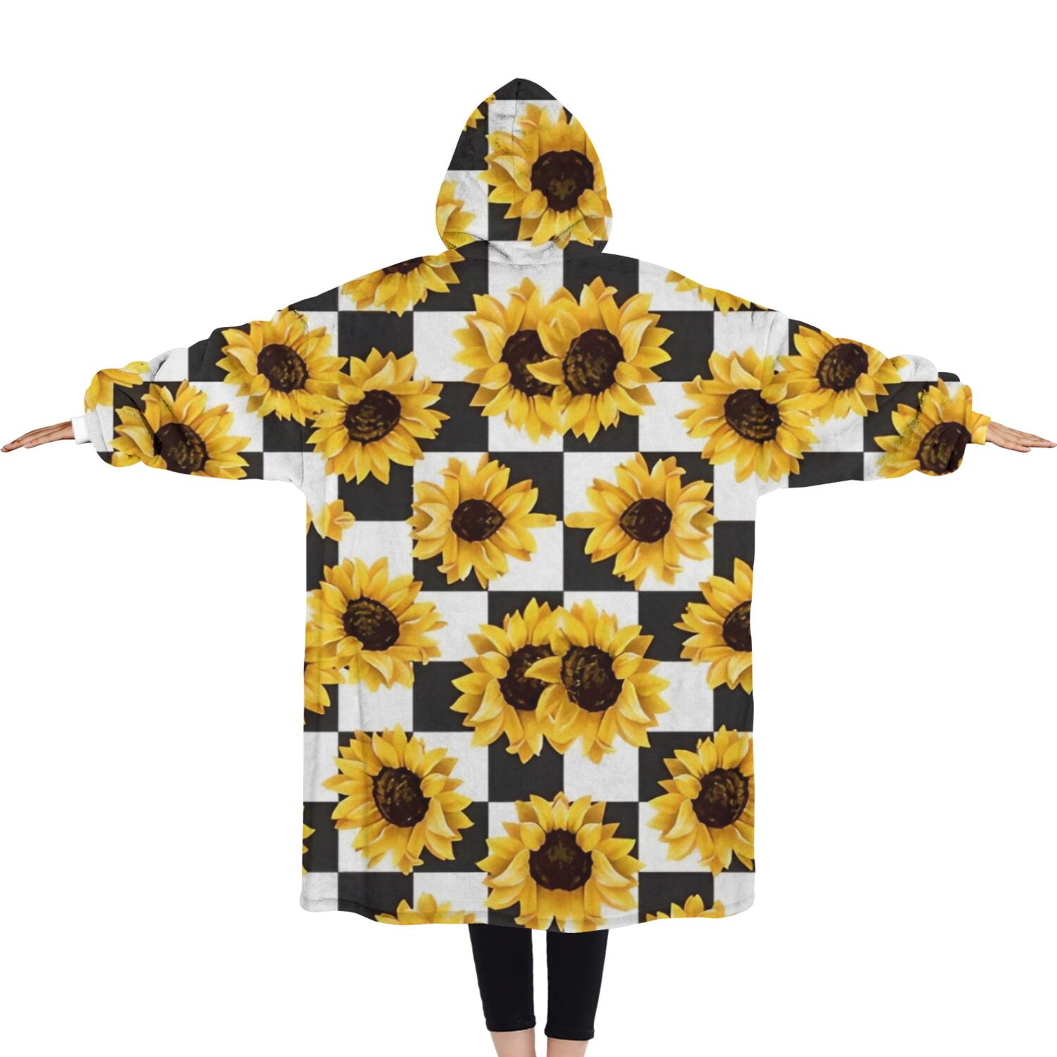 Oversized Wearable Blanket Hoodie,Black White Checker Sunflower Pattern Sherpa Blanket Hoodie with Super Pockets,Super Warm Fuzzy Pullover for Women & Men