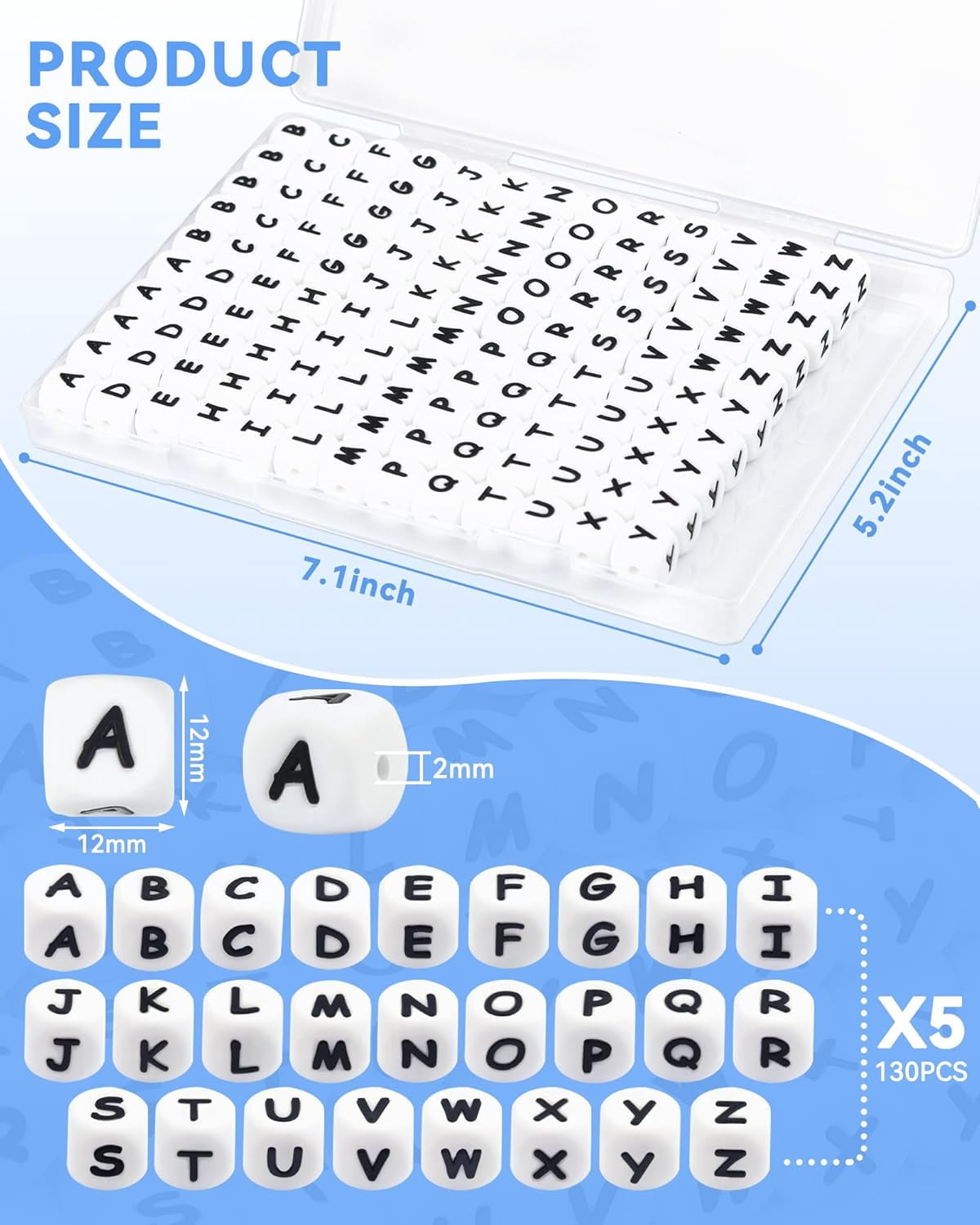 130Pcs Silicone Letter Beads, 12mm Square Alphabet Beads for Bracelets, Keychains, Necklaces and Lanyards Making (White)