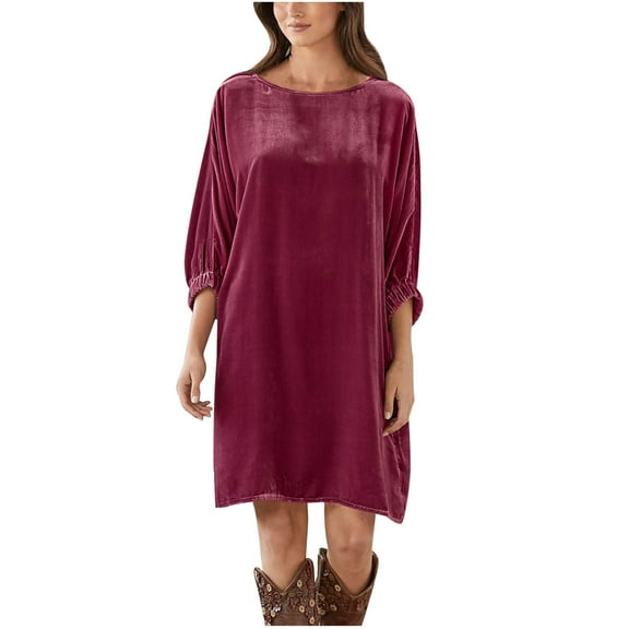 ICHUANYI New Trending Womens Dress Casual Solid Crew Neck Long Sleeve Mini Dresses Summer