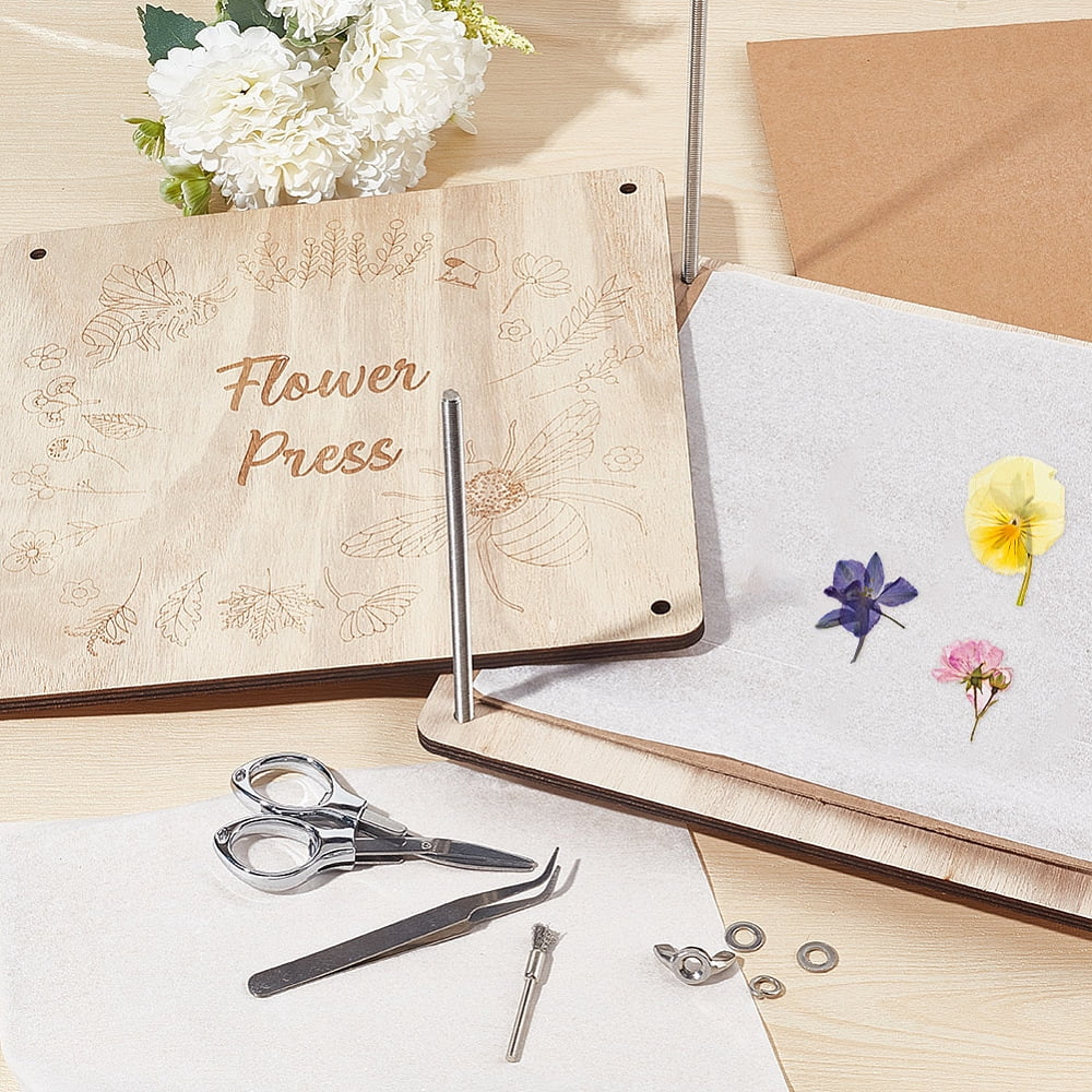 Flower Press Kits including Wood Sheet Craft Papers Tracing Paper Tweezers Polishing Brush Pens Bees 16.2~24.7x2.5~24.7x0.65~1.2cm 1 set