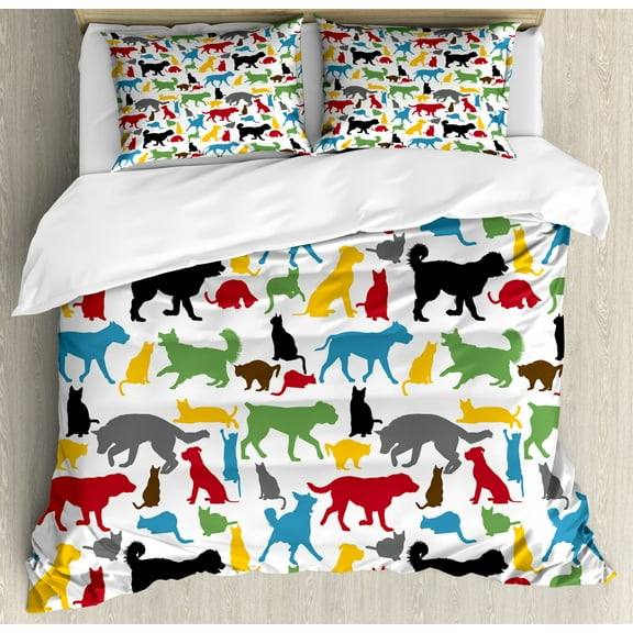 Kids Duvet Cover Set Queen Size, Colorful Cats and Dogs Animal Silhouettes Domestic Pets Cartoon Canine Characters, Decorative 3 Piece Bedding Set with 2 Pillow Shams, Multicolor, by Ambesonne