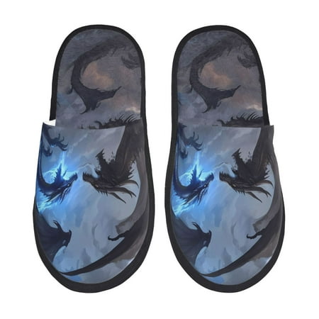 Balery Black And Blue Lightning Dragon Slient Indoor Furry Fleece Comfort House Shoes Soft Non-Slip Home Shoes Cotton slippers House Slippers-- Large