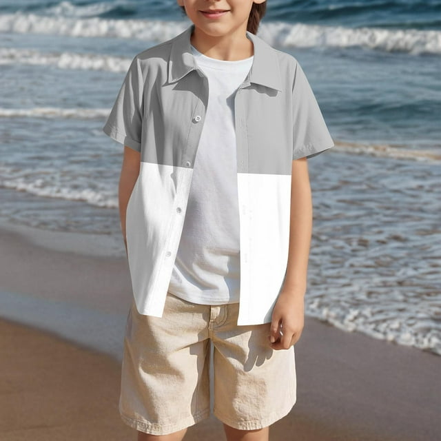 Zpanxa Chemise Garçon Élégante à Manches Courtes Col Rabattu à Boutons Imprimée Chemise Courte Boutonnée avec Polyester Spandex 7-8 Ans