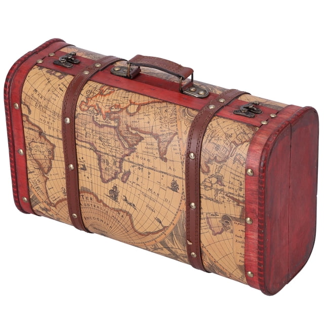 Baúl de viaje antiguo con diseño de mapa de madera para guardar cosas antiguas
