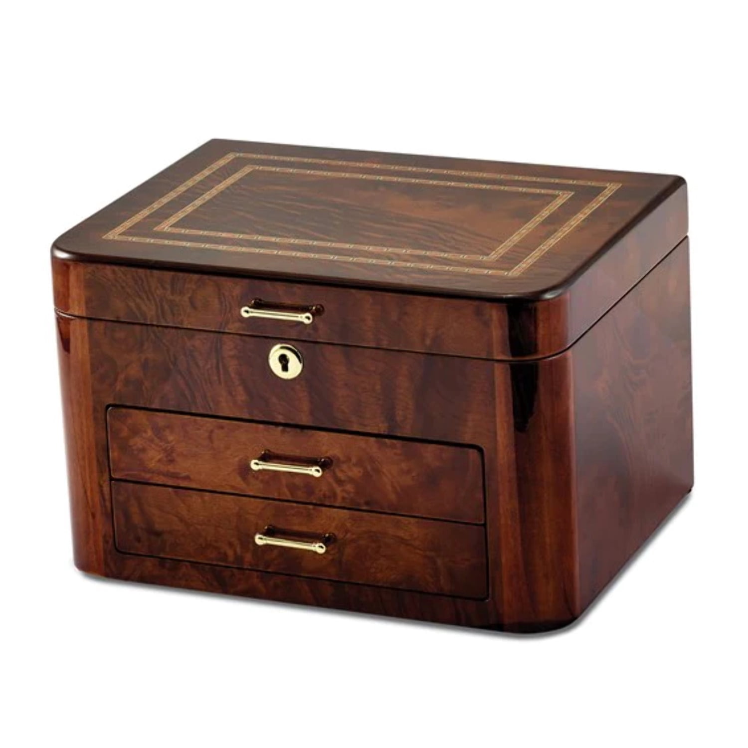 Luxury Giftware by Jere High Gloss Elm Burl Veneer with Double Braided Accents 2-drawer Locking Wooden Jewelry Box QJJB245