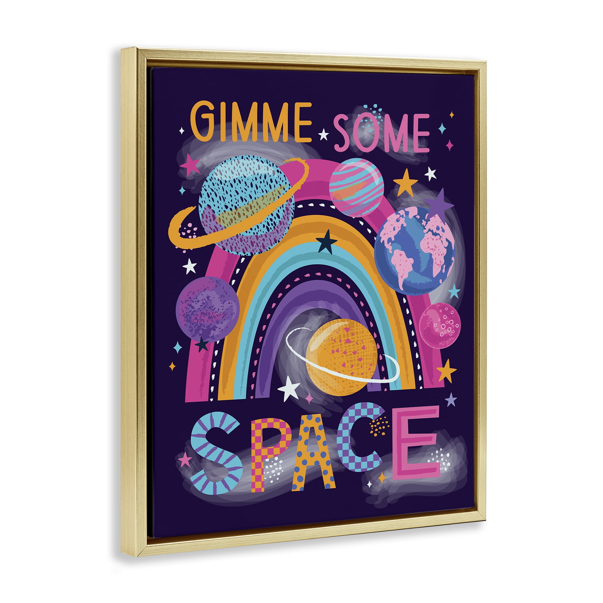 Stupell Industries Gimme Space Planets & Rainbow Astrology & Stars Painting Gold Floater Framed Canvas Art Print Wall Art, 17 x 21