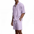 thumbnail image 4 of Homeyce Outfits for Men 2 Piece Set Casual Short Sleeve 1/4 Button Golf Polo Shirts and Waffle Knit Shorts Set with Pockets Summer Vacation Sets,Purple 2XL, 4 of 5