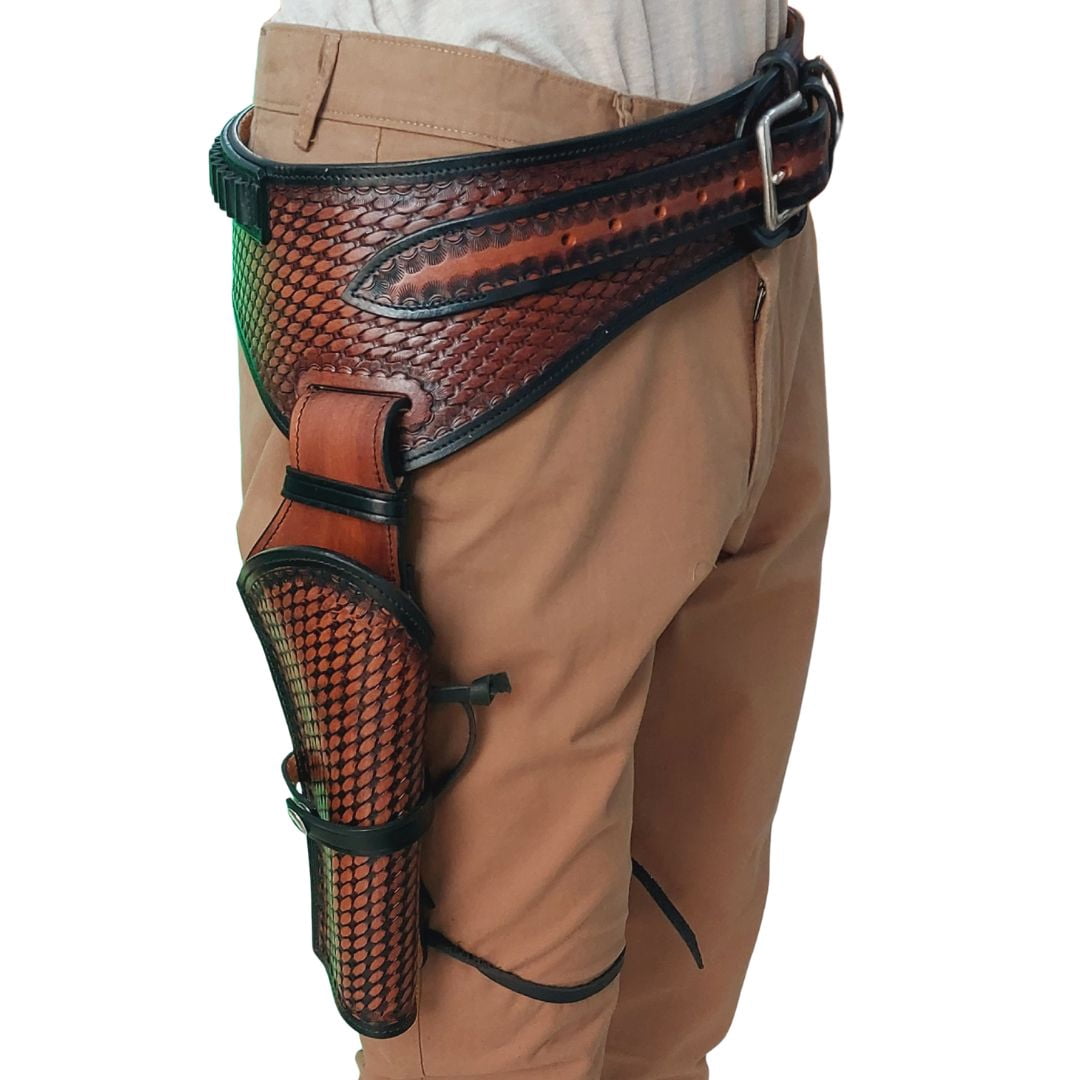 Western Leather Holster with Belt Handmade – Full Grain Tooled Leather Fast Draw Style, Adjustable Gun Belt Holster for Costume & Cowboy Wear
