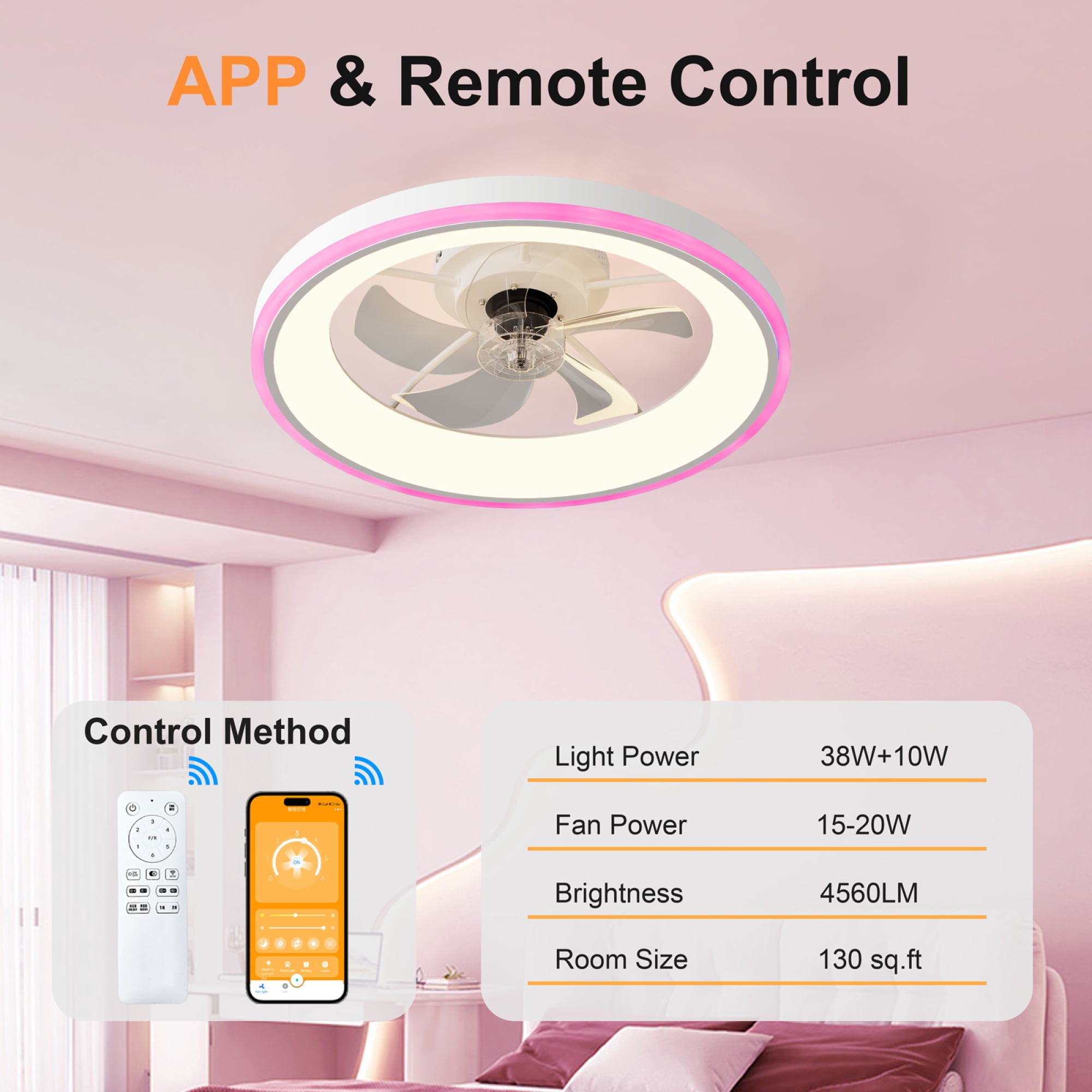 Leumius 23.6" Modern RGB Ceiling Fan with Lights, Flush Mount Low Profile Fan with Remote & APP, 6-Speed Reversible Silent DC Motor, Dimmable 3000-6500K LED for Bedroom Living Room White