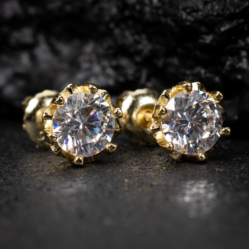 Classic Round Cut Halo Men Women Yellow Gold Plated 925 Sterling Silver Brilliant Iced Cz Solitaire Stud Earrings Screw Back Stud Circle Earrings 8 Millimeters Unisex Small Earring Studs