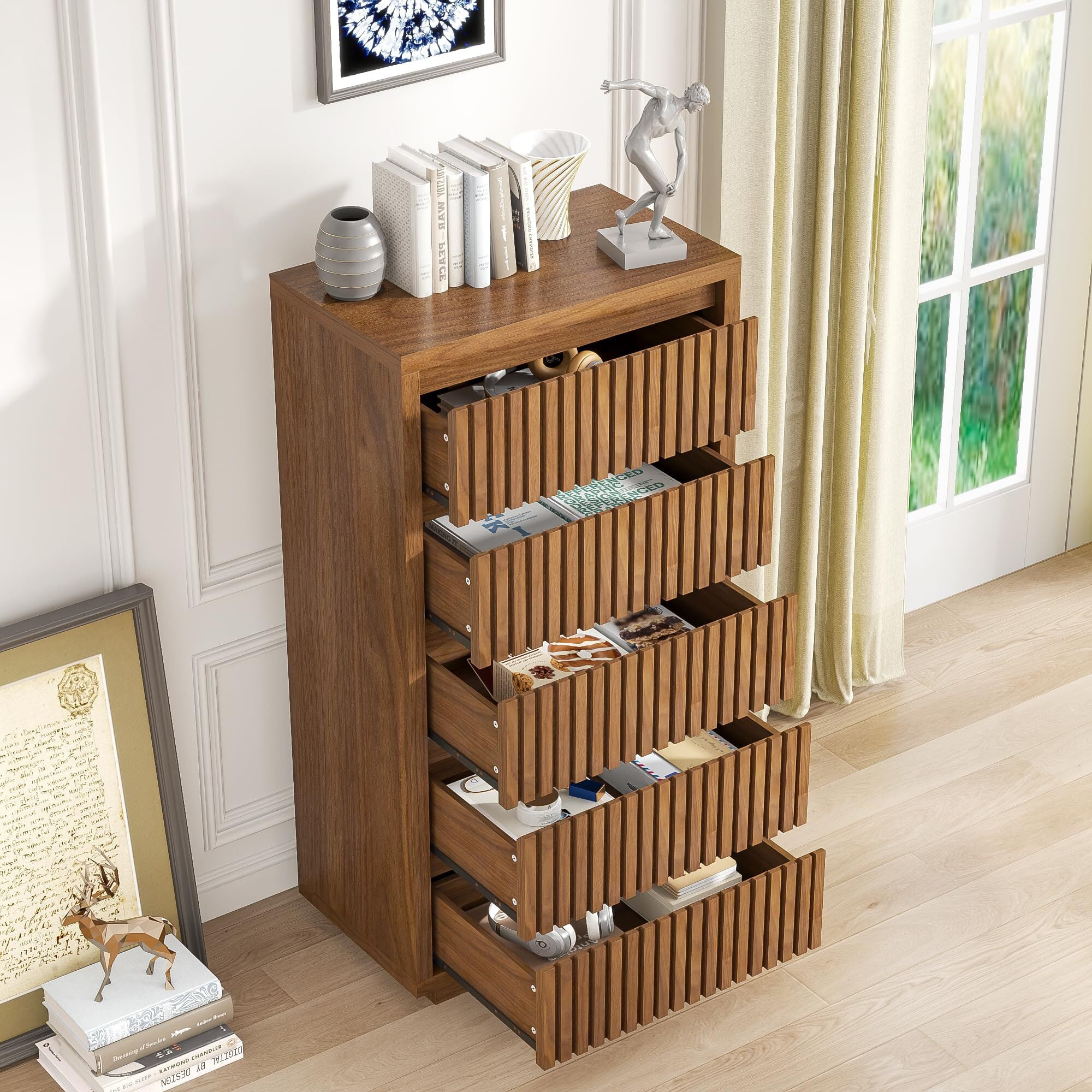 Fluted Tall 5 Drawer Dresser, 45" Mid Century Wood Chest for Bedroom, Modern Closet Clothes Storage Organizer, Walnut Brown Cabinet