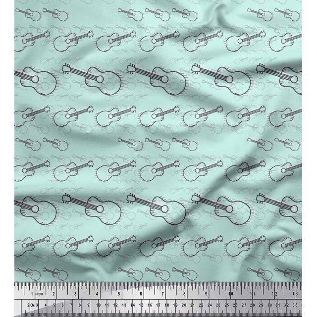 Soimoi Green Poly Georgette Fabric Sketch Guitar Musical Instrument Print Sewing Fabric Yard 52 Inch Wide