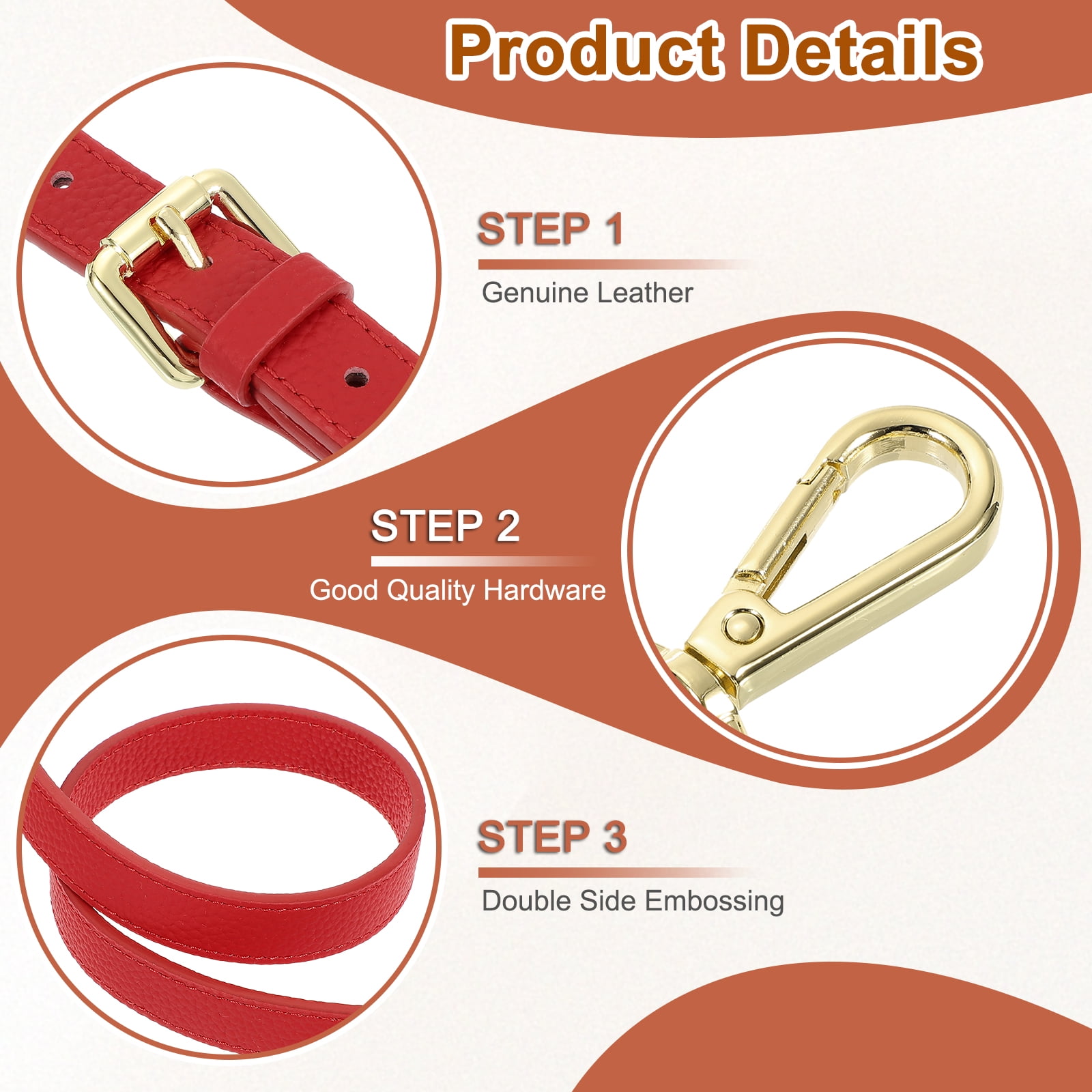 1" Genuine Leather Purse Strap for Bag (Bright Red, Gold Buckle)