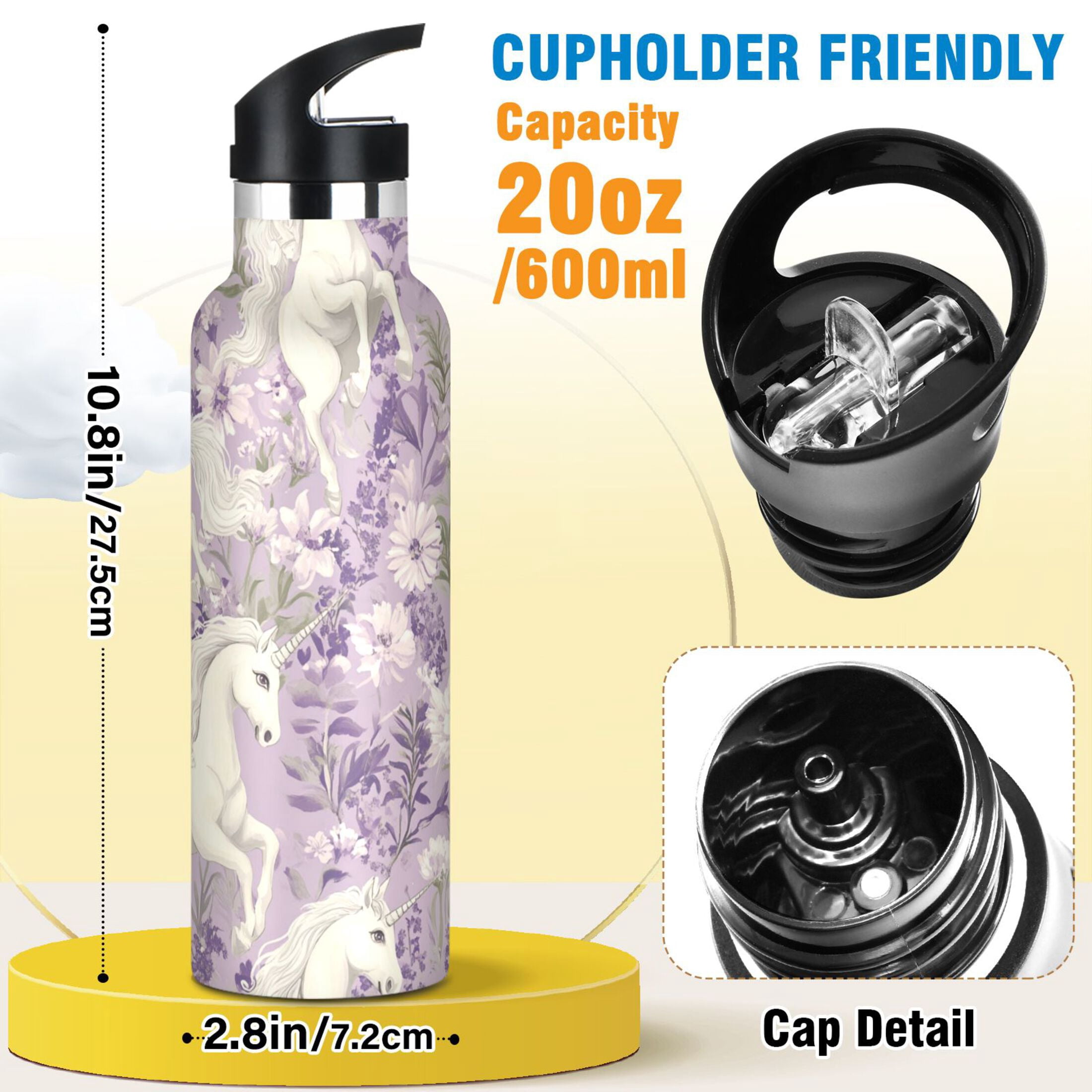 Kids Insulated Stainless Steel Sports Water Bottle 600ml (20oz) White Unicorns and Pegasi