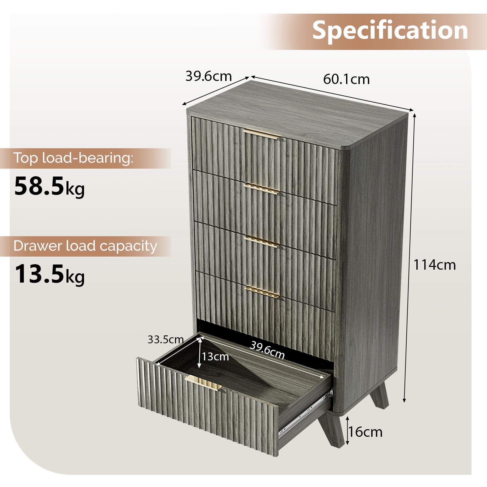 Ktaxon Fluted Tall 5 Drawer Dresser Solid Wood Chest of Drawers with Soft Close Slides Storage Cabinet for Bedroom Living Room Entryway Gray