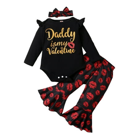 

KIMI BEAR Newborn Girls Outfits 6 Months Newborn Girls Autumn Winter Outfits 9 Months Newborn Girls Valentine s Day Red Lips Print Long Sleeve Romper + Flared Pants + Headband 3PCs Set Black