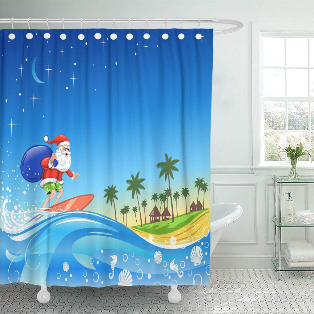 Christmas Shower Curtain Santa on Beach Surf Print for Bathroom 