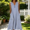 thumbnail image 2 of Women's Vertical Striped V‑Neck Sleeveless Midi Dress Loose Casual Tiered Summer Dress with Functional Side Pockets Blue XL(XL), 2 of 6