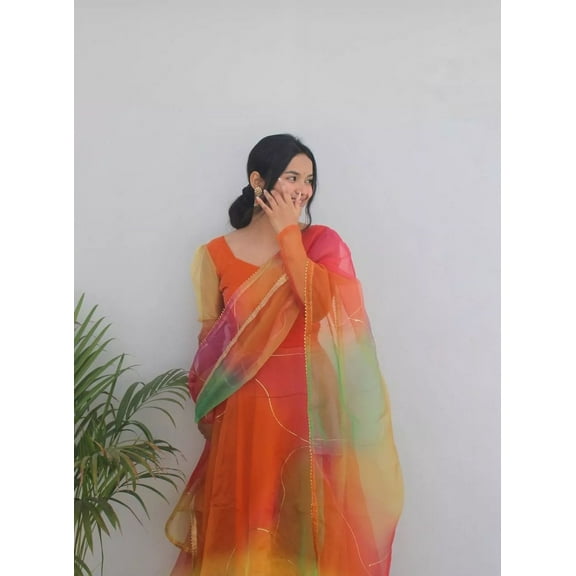 Handmade Multicolor Soft Fabric Gown Set With Full Sleeves For Womens Party Wear