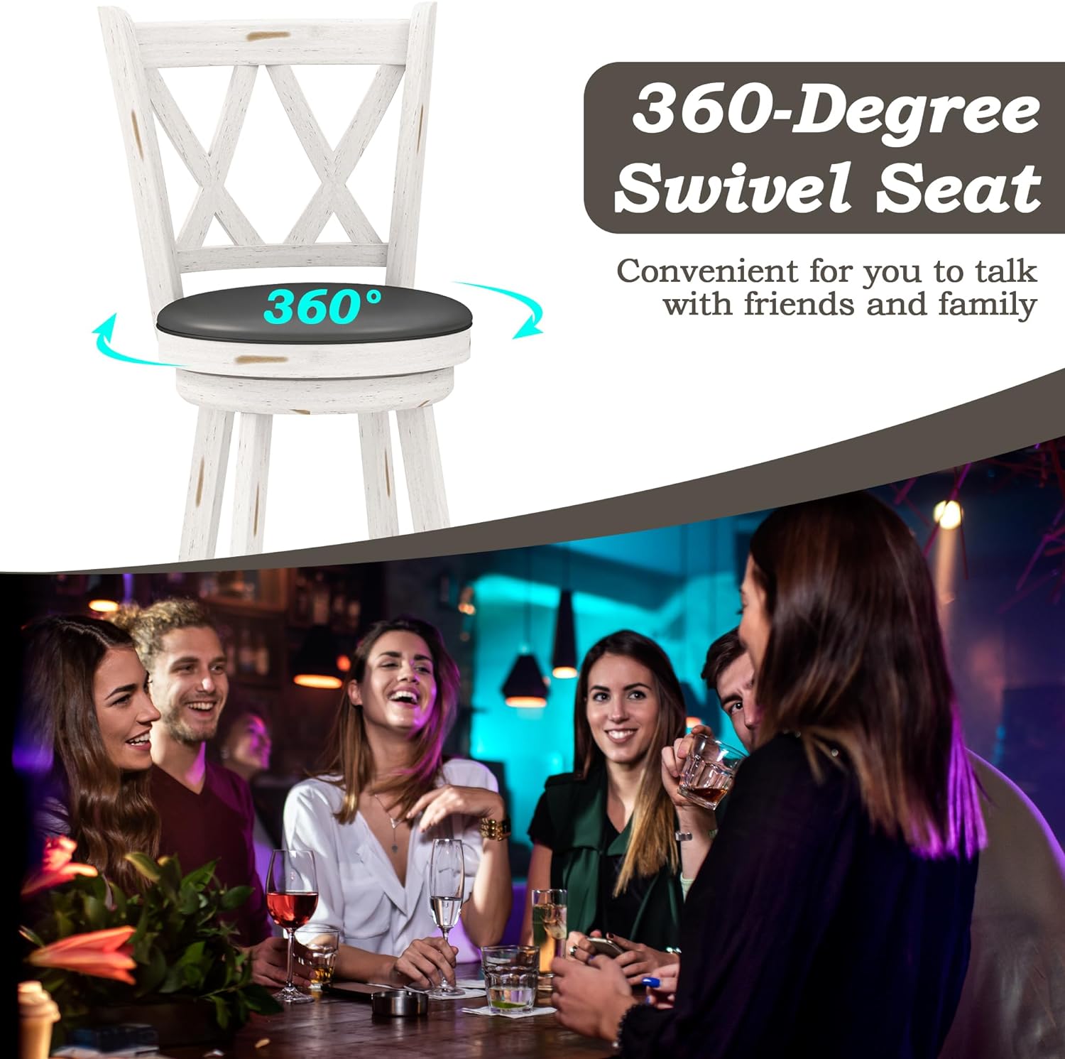 Tolead 2 Piece 29" Swivel Bar Stools with Double X-Back, Upholstered 360 Degree Swivel Dining Chair with PVC Cushioned Seat, White - image 2 of 7