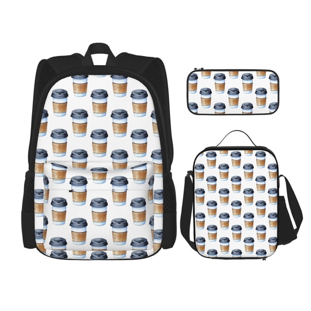 Easygdp Coffee To Go Pattern Mochila para Niños y Niñas con Set de Caja de Almuerzo y Estuche para Lápices 3 en 1, Mochila Escolar Estampada para Adolescentes