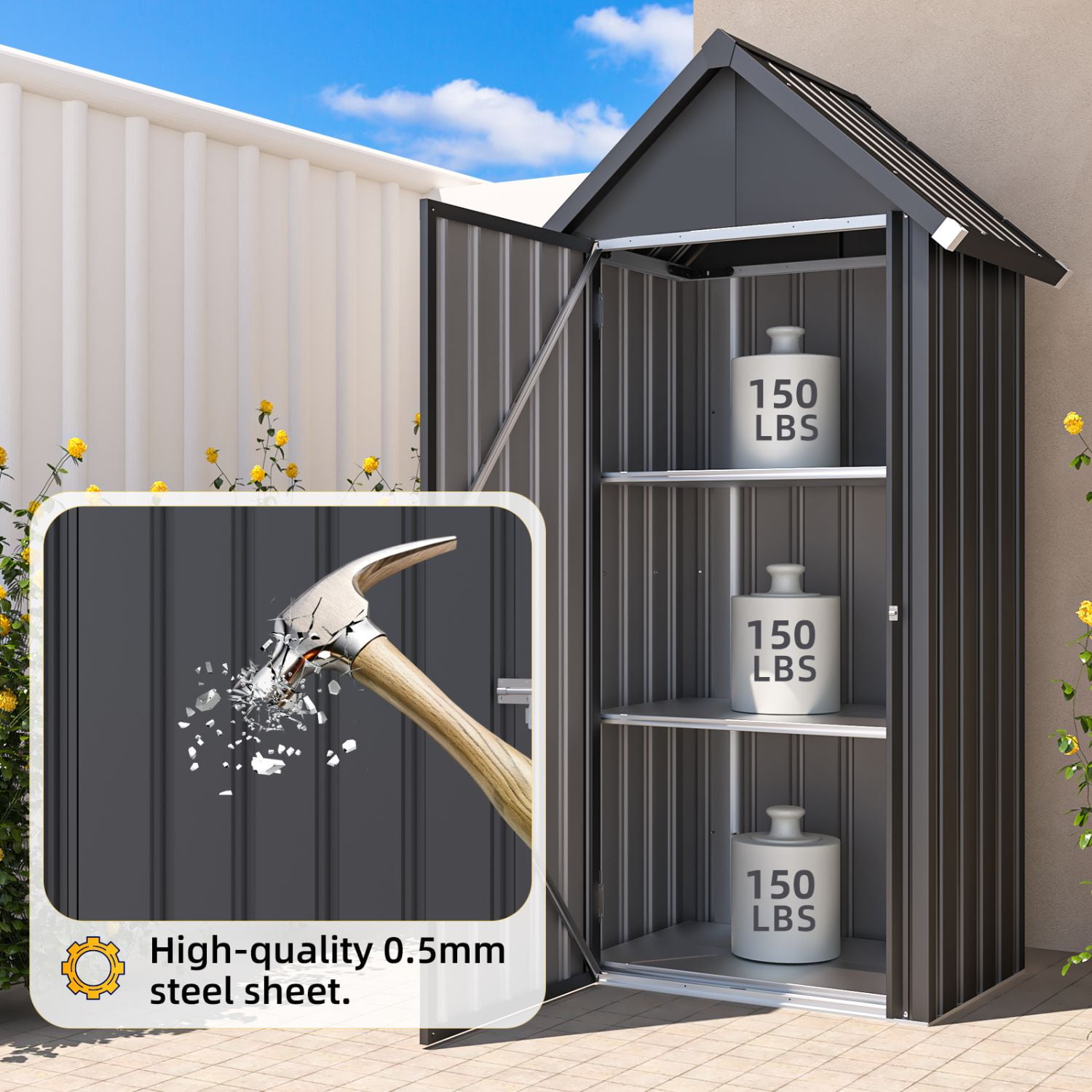 AECOJOY Outdoor Storage Shed with Floor & Metal Small Cabinet Waterproof with Shelves for Patio in Dark Grey
