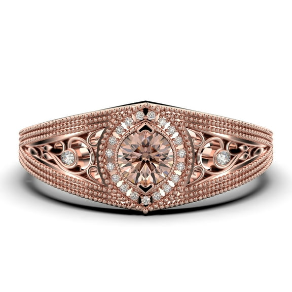 Antique Style Gorgeous Art deco 1.25 Carat Round Cut Morganite And Diamond Moissanite Unique Engagement Ring, Vintage Look Wedding Ring in 10k Solid Rose Gold, Promise Ring, Anniversary Ring