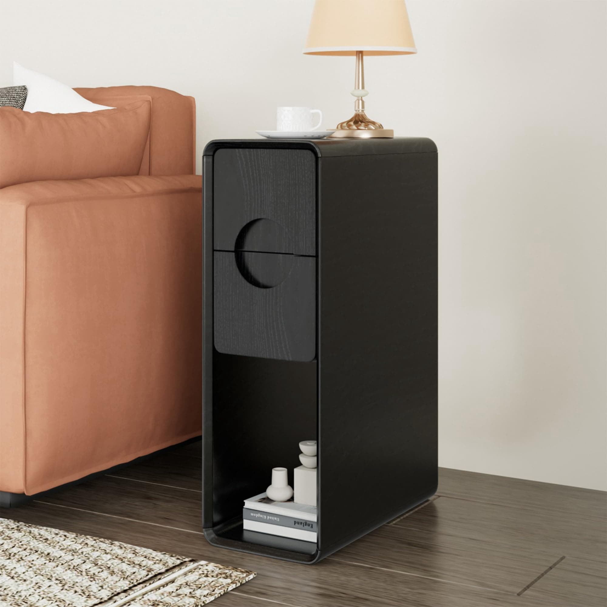 Narrow Nightstand Set of 2, Mid Century Walnut Wood Slim Bedside Table with Round Drawer, Black