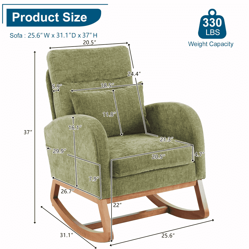 Spaco Linen Rocking Chair with Thick Headrest, Upholstered Mid-Century Modern Nursing Rocker Glider with Curved Armrest and Sturdy Solid Wood Base for Living Room, Bedroom, Baby Room, Green
