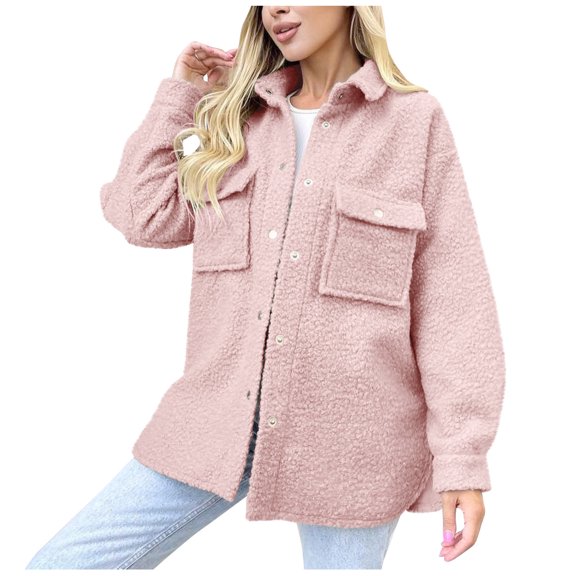 XFLWAM Womens Fall Winter Shacket Sherpa Fleece Jacket Button Down Shirt Jacket Long Sleeve Shacket with Pockets Lapel Coat Pink XL