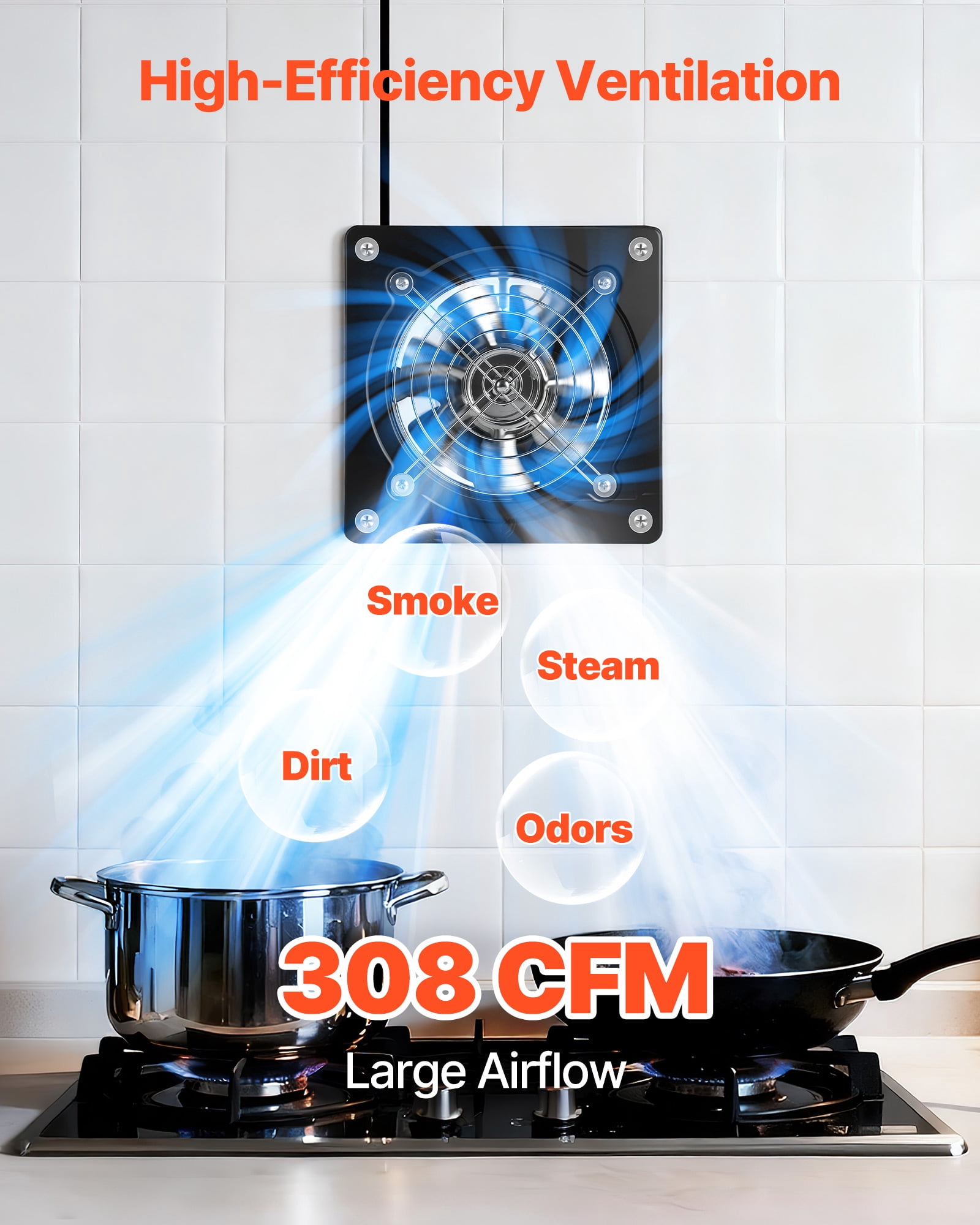 VEVOR 6 Inch Exhaust Fan, 308 CFM High Velocity Wall Mount Vent Fan with On/Off Control, Low Consumption, Portable Ventilation Extractor for Attic,Garage,Basement,Workshop,Kitchen, Chicken Coop,Black