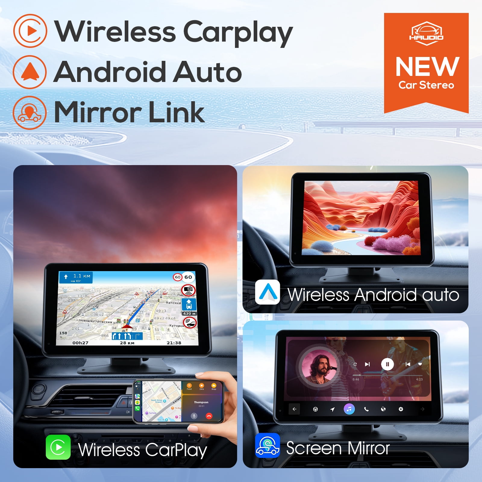 Haudio 7" Wireless Apple CarPlay & Android Auto Car Stereo, 7" HD Touch Screen with Backup Camera, GPS, Voice Control, FM/Bluetooth – Universal Fit