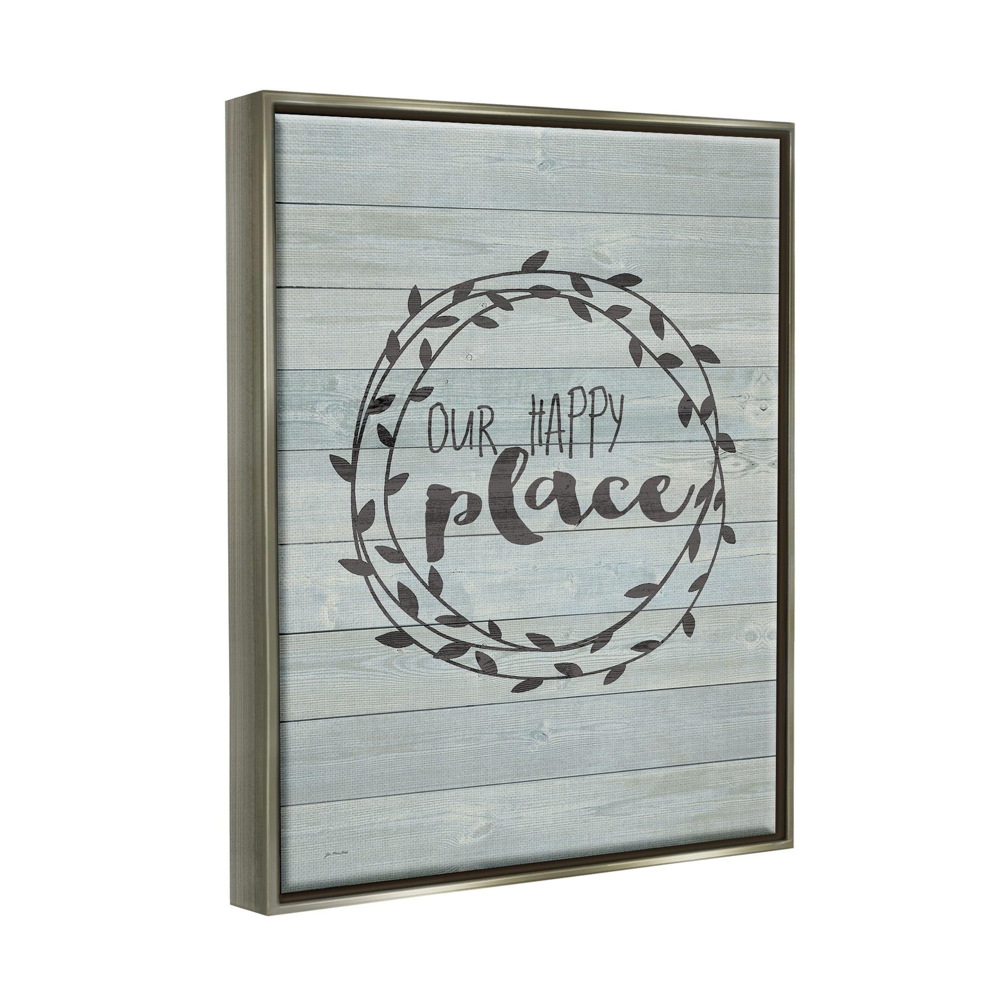 Stupell Industries Our Happy Place Plank Wood Look Luster Gray Framed Floating Canvas Wall Art, 16x20, by Jo Moulton