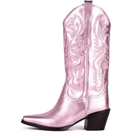 

Cowboy Boots for Women Mid Calf Embroidery Western Chunky Almond Toe Booties