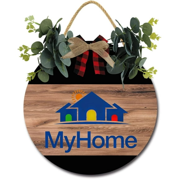 Eveokoki 12" Rustic Sign Myhome Sign Door Decor Wooden Front Door Hanger Wall Art Door Hanging Fall Winter Farmhouse Indoor Outdoor Home Porch Yard Decor