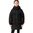 thumbnail image 2 of Zpanxa Girls Hooded Drawstring Waist Long Puffer Jacket Kids Loose Bubble Warm Winter Coat with Big Cargo PocketsBlack 11-12Years, 2 of 5