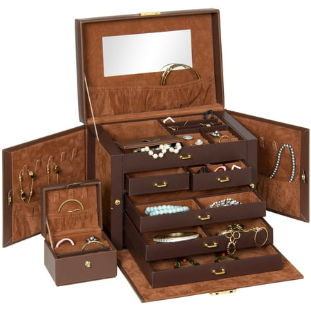 Leather Jewelry Box Organizer Storage With Mini Travel Case (Best Large Jewelry Box)