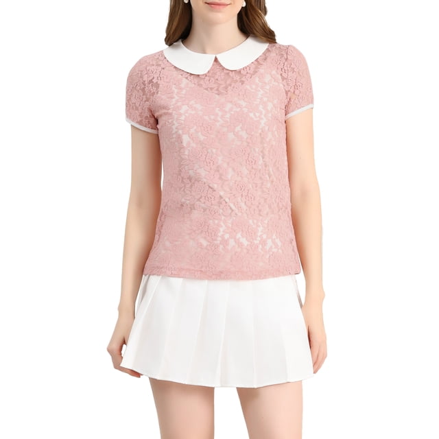 Unique Bargains Hauts à Manches Courtes Col Poupée Contrasté pour Femmes Dentelle Transparente Orange Rose L