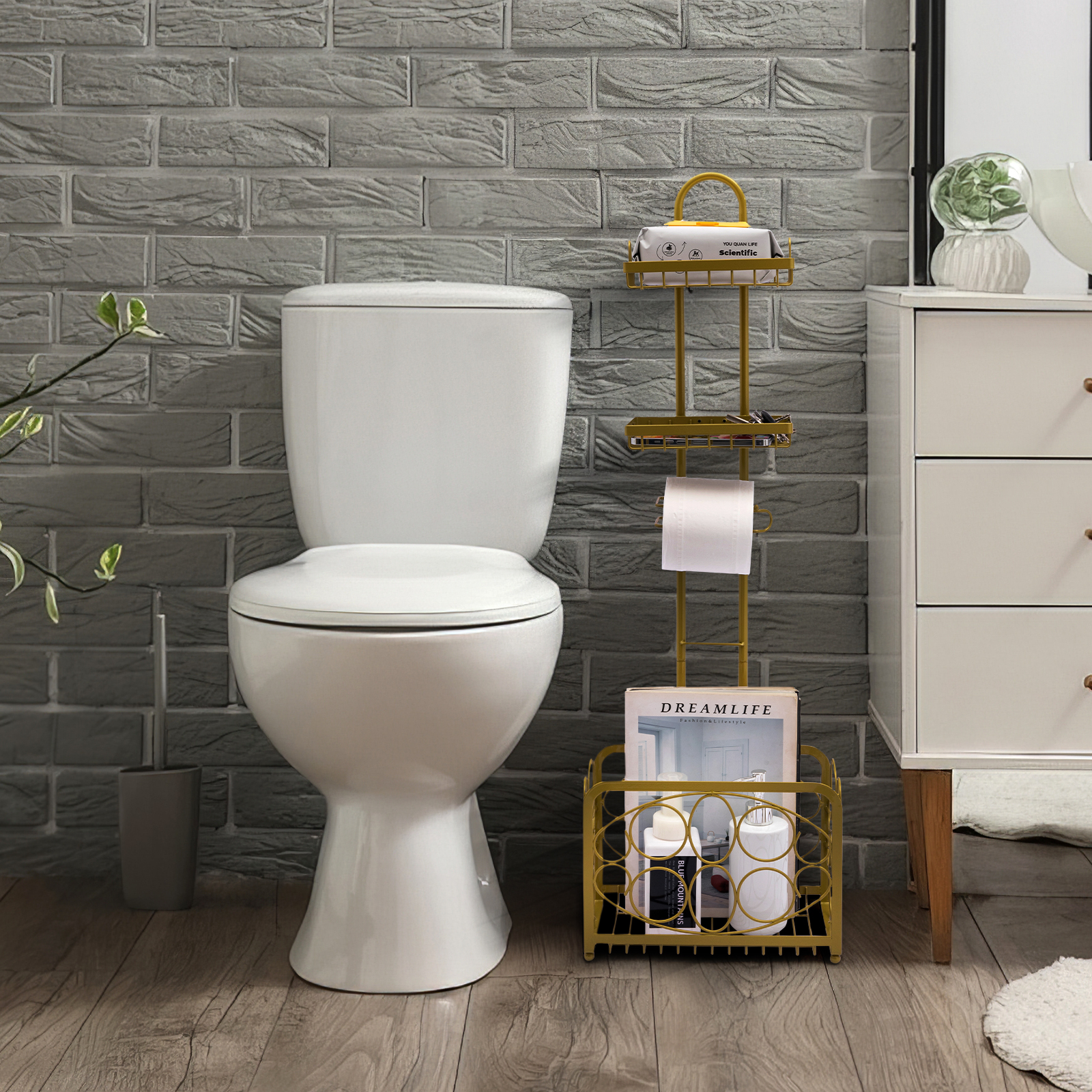 Oasis Creations Toilet Paper Holder Tissue Rack Stand with Magazine Toilet Roll Storage Basket- Freestanding, Gold Metal