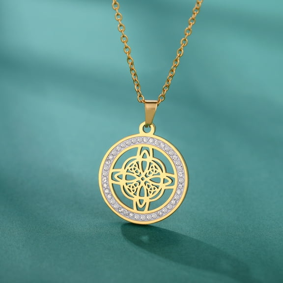 Celtic Knot Witch Knot Necklace 14K Yellow Gold Transparent White Stone Round Golden Silver Color Pendant Necklace Women's Talisman Jewelry Accessor
