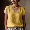 thumbnail image 2 of Diufon Cotton Linen Tops for Women Lace Trim V Neck Short Sleeve Shirts Summer Fashion Vacation Boho Blouses, 2 of 7