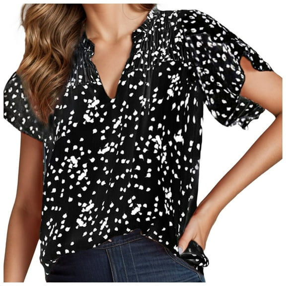Zhouzou Women's Casual V Neck Floral Print Smocked Short Sleeve Chiffon Blouses Bohemian Top Shirts