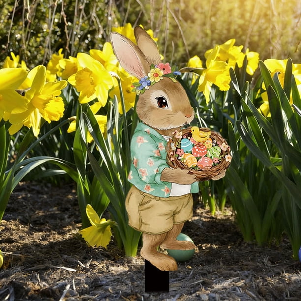 Easter Bunny Garden Stakes Outdoor Decorations, Easter Egg Yard Art Spring Lawn Ornaments, Dwarf Figurines Patio Decor, Holiday Party Supplies, Festive Ground Insertion Decor for Courtyard Festival