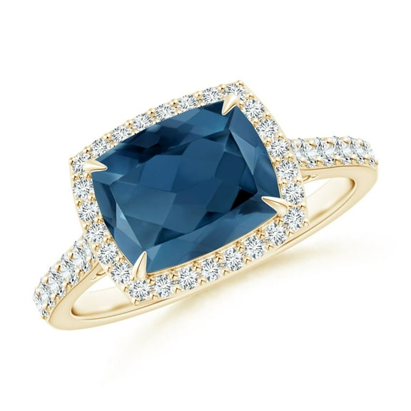 ANGARA Natural East-West Cushion 2.2 ct London Blue Topaz Cocktail Halo Ring in 14K Yellow Gold for Women (Size-9x7mm) | November Birthstone Jewelry for Women | London Blue Topaz Ring (Ring Size- 7.5)