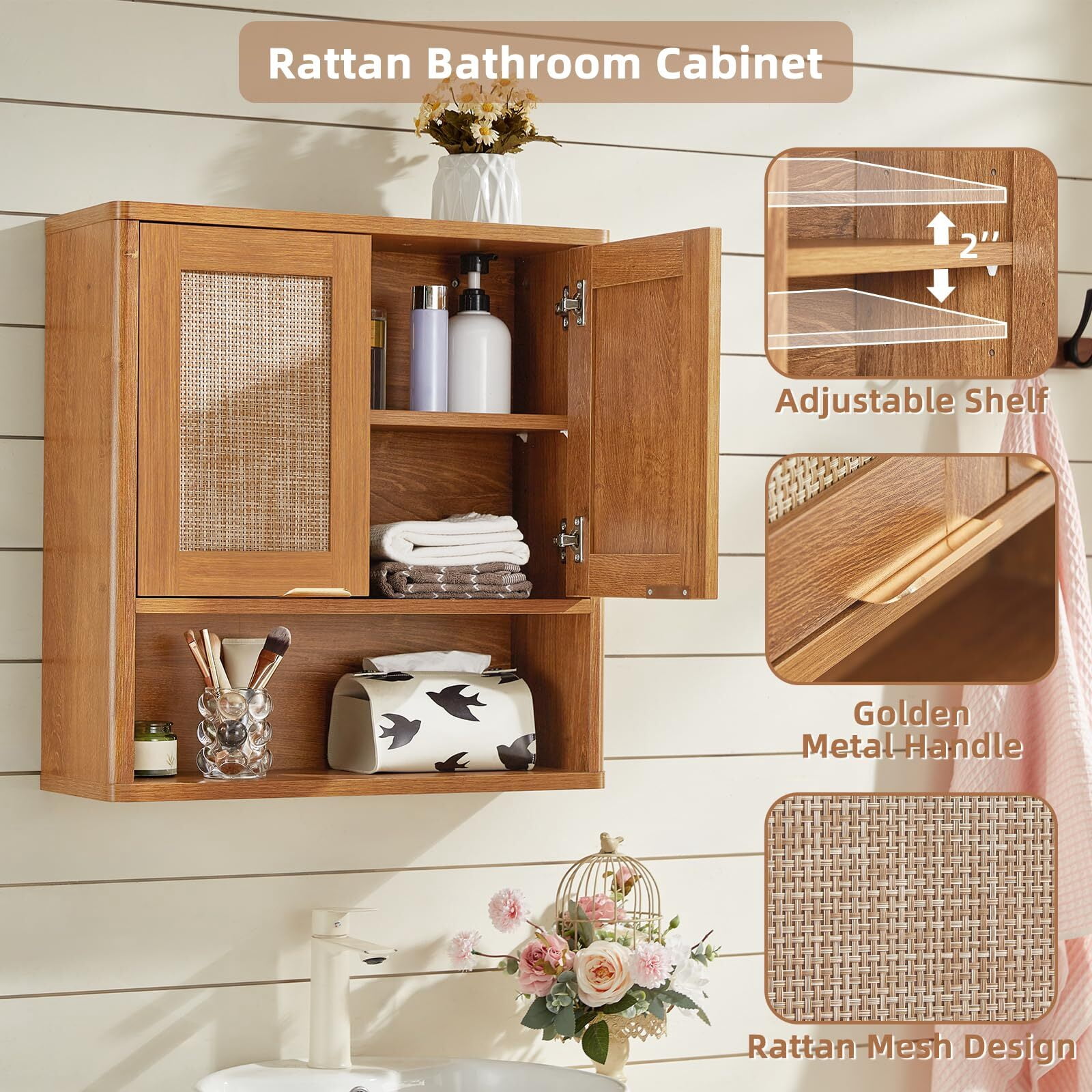 LELELINKY Rattan Wood Bathroom Wall Cabinet with Adjustable Shelf, Boho Medicine Cabinet for over Toilet Storage, Laundry Room, TeaC